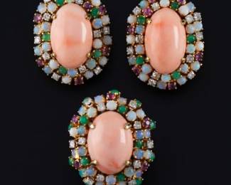Vintage Coral and Gemstone Ring and Earrings Suite 