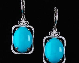 A Pair of Turquoise and Diamond Pendant Earrings 