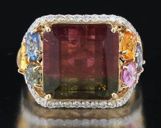 Ladies Gold, Tourmaline, and Sapphire Ring 