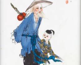 Chinese Porcelain Plaque of Arhat with a Boy Attendant, by Yichun, Republic Period 