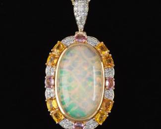 Ladies White Opal and Sapphire Pendant on Chain 