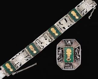 Mexican Sterling Silver, 18k Gold, Green Stone Bracelet and Matching Pendant 