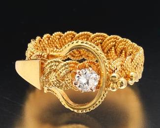 Ladies Antique Gold and Diamond Braided Belt Buckle Flex Ring 