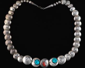 Native American Navajo Sterling Silver, Turquoise and Coral Reversible Necklace 