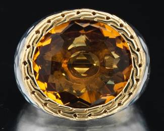 John Hardy Gold, Sterling Silver and Amber Citrine Hammered Ring 