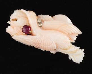 Ladies Gold, Carved Angel Skin Coral, Ruby and Diamond Stork in the Clouds Pin Brooch 