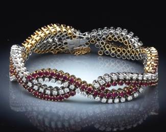 Ladies Vintage Gold, Ruby and Diamond Swirl Bracelet 