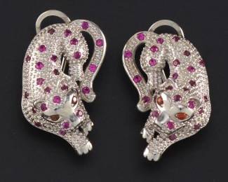 A Pair of Leopard Shape Earrings with Rubies 