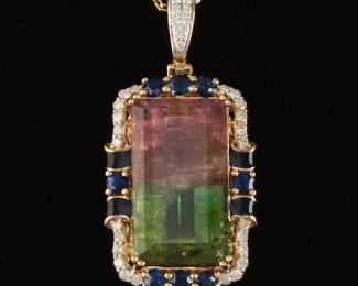Ladies Watermelon Tourmaline, Sapphire and Diamond Pendant 