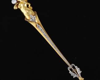 French Art Nouveau Incredible Gold, Platinum and Diamond Bar Pin Brooch 