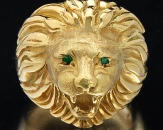 Gentlemans 18k Gold and Emerald Eyes Ring 