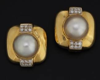 A Pair of Mabe Pear, Diamond and Gold Earrings 