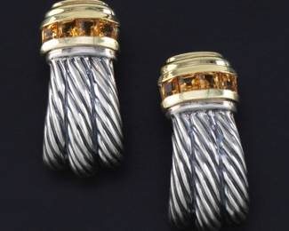 David Yurman Pair of Gold, Sterling Silver and Citrine Earrings 