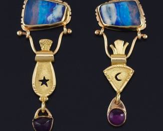 Katrin Wolf Artisan Gold, Black Opal and Amethyst Pair of Earrings 