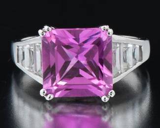 Ladies Gold, Synthetic Pink and White Sapphire Ring 