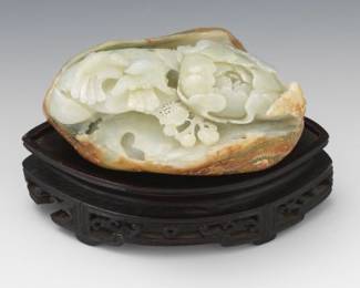 Chinese Carved Jadeite Boulder Flowers with Birds Composition, on Carved Wood Stand 