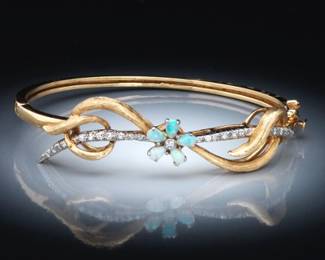 Ladies Mid Century Gold, Opal and Diamond Bangle 