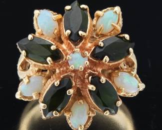 Ladies Gold, Green Tourmaline and Opal Floral Ring 