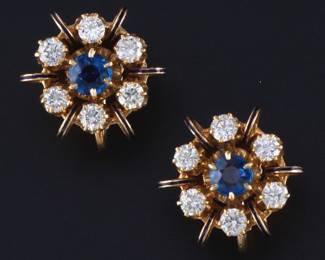 A Pair of Diamond and Sapphire Earrings 
