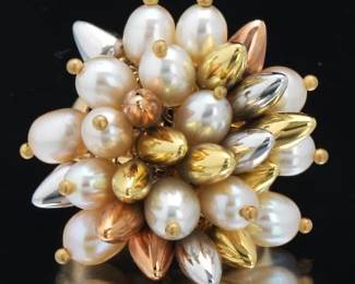 Ladies BARAKA Italia TriColor Gold and Pearl Floral Design Articulated Ring 