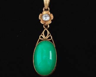 Ladies Antique Green Chrysoprase and Diamond Pendant on Snake Chain 