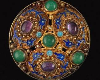 Chinese Silver, Enamel and Gemstone Brooch 