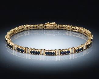 Ladies Gold, Diamond and Blue Sapphire Tennis Bracelet 