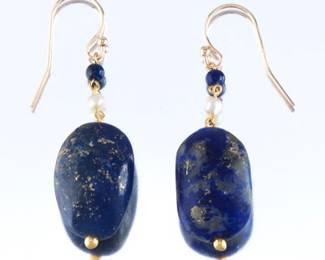 Antique Chinese Lapis Lazuli Beads on Pair of Gold and Seed Pearl Dangle Earrings 