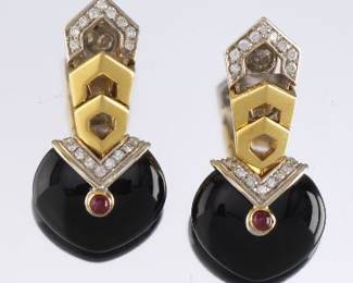 A Pair of Onyx, Ruby and Diamond Earrings 