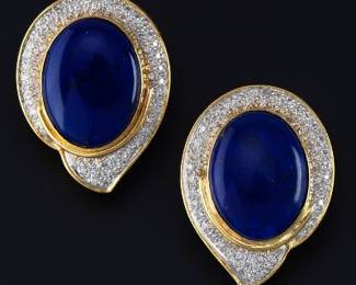 A Pair of Lapis and Diamond Earrings 