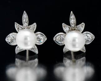 Ladies Pair of Platinum, Gold, Pearl and Diamond Earrings 