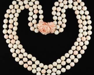 Ladies Gold and Angel Skin Coral Peony ThreeStrand Necklace 