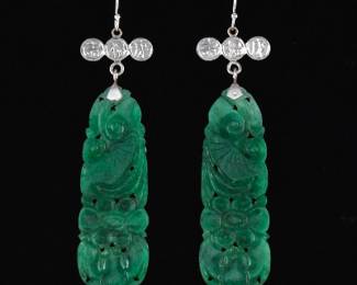 Pair of Platinum and Chinese Natural Carved Green Jadeite Earrings with Symbols of Prosperity, Fortune and Longevity 