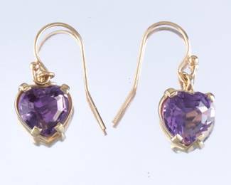 Ladies Pair of Gold and Amethyst Heart Earrings 