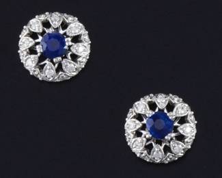 Ladies Pair of Gold, Blue Sapphire and Diamond Two in One Halo Earrings 