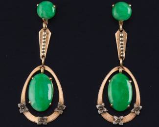 Ladies Antique Pair of Gold, Apple Green Jadeite Jade Dangle Earrings 