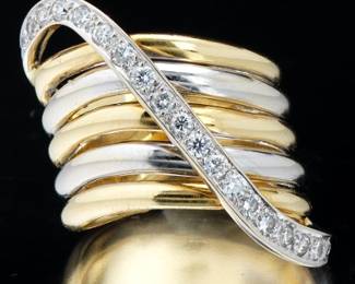 Ladies Modernist TwoTone Gold and Diamond Cross Bar Wide Ring 