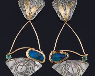 Katrin Wolf Artisan Pair of Gold,, Sterling Silver, Black Opal and Tourmaline Earrings 