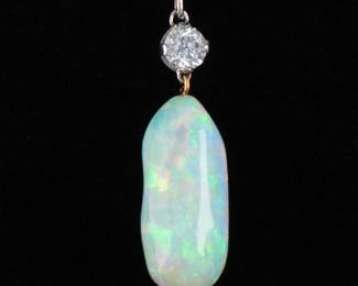 Ladies Edwardian Australian Opal, Platinum, Gold and Diamond Drop Pendant on Gold Chain 