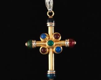 Ladies Italian TriColor Gold, Chalcedony, Carnelian and Enamel Large Cross Pendant 