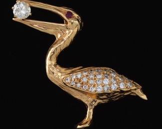 Ladies Gold, Diamond and Ruby Pelican Pendant 