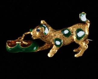 18k Gold Playful Pup with Shoe Brooch 