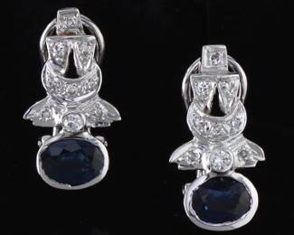 Ladies Pair of Gold, Blue Sapphire and Diamond Earrings 