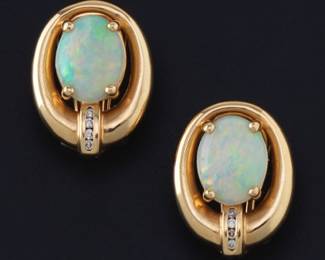 Ladies Pair of Gold, Opal and Diamond Earrings 