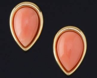 Ladies Pair of Gold and Angel Skin Coral Teardrop Earrings 