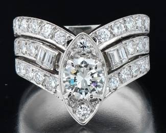 Ladies Mid Century Modern Gold and Diamond Chevron Ring 