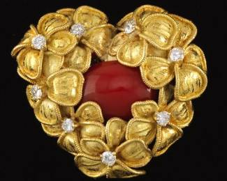 Tiffany Co Gold, Diamond and Coral BroochPendant 