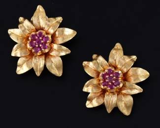 Ladies Pair of Gold and Ruby Floral Ear Clips 