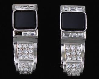 Platinum, Onyx and Diamond Earrings 