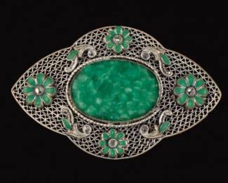 Chinese Silver and Jade Brooch 
